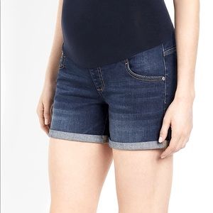 Motherhood maternity indigo blue secret belly rolled hem denim shorts 1x